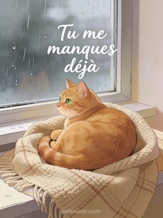 Chat roux aux yeux verts blotti sur un plaid beige regardant par la fenêtre sous la pluie