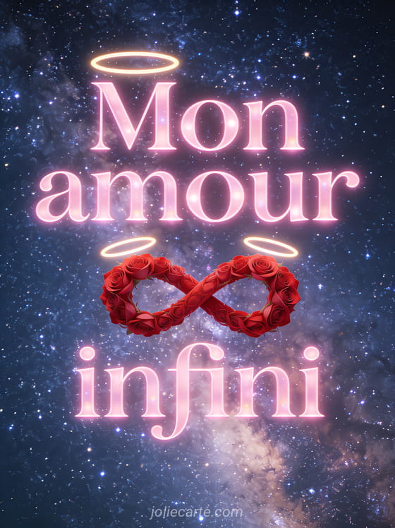 Papillons iridescents autour de magnolias roses sur fond étoilé avec le texte Je t'aime plus que les mots ne peuvent le dire