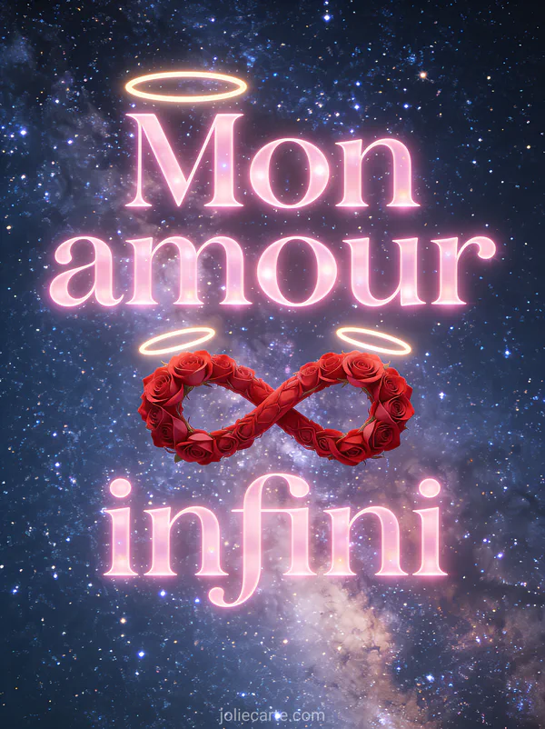 Papillons iridescents autour de magnolias roses sur fond étoilé avec le texte Je t'aime plus que les mots ne peuvent le dire