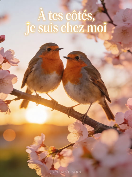 Deux rouge-gorges perchés côte à côte sur une branche de cerisier en fleurs au soleil couchant