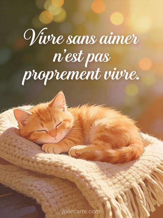 Adorable chaton roux endormi sur un plaid beige avec lumière douce et le texte Vivre sans aimer n'est pas proprement vivre