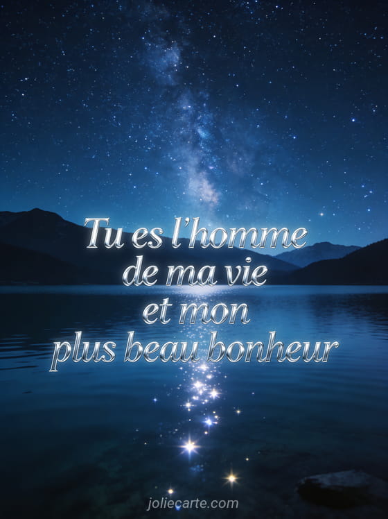 Ciel étoilé au-dessus d'un lac calme avec reflets et montagnes et le texte Tu es l'homme de ma vie