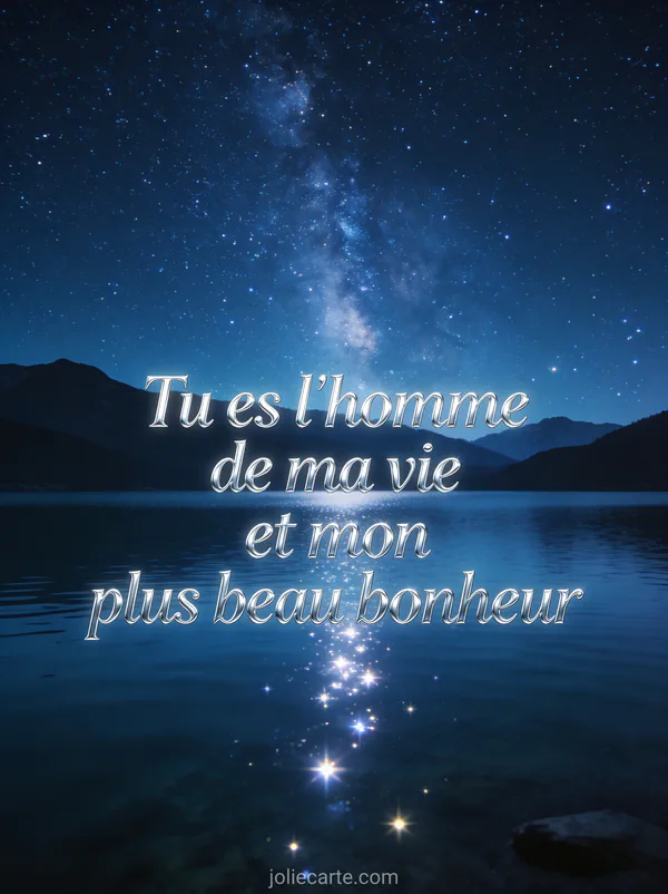 Ciel étoilé au-dessus d'un lac calme avec reflets et montagnes et le texte Tu es l'homme de ma vie
