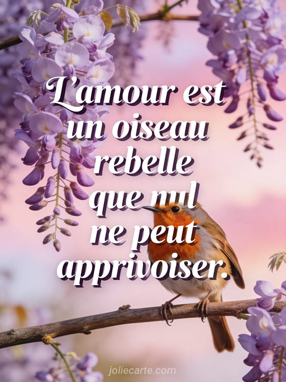 Rouge-gorge posé sur une branche de glycine mauve en fleurs avec un ciel rosé en arrière-plan