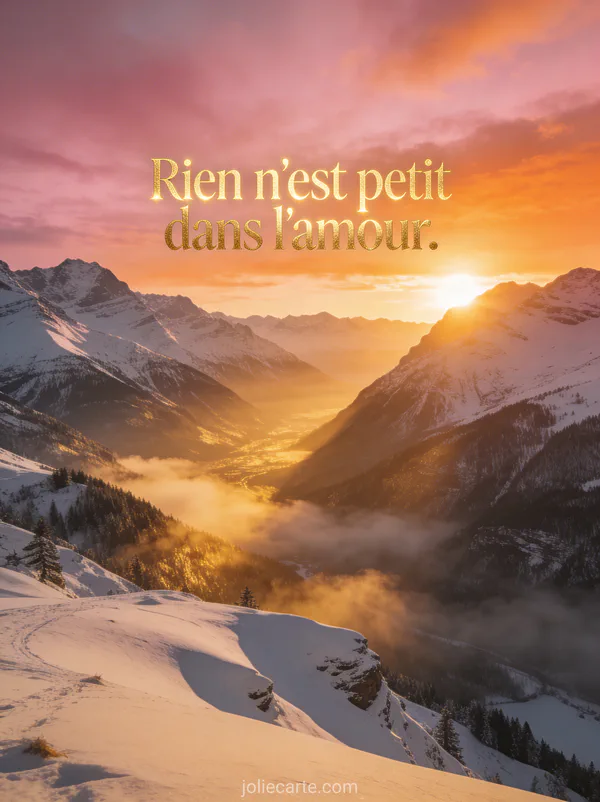 Lever de soleil majestueux derrière des sommets enneigés avec une vallée brumeuse et le texte Rien n'est petit dans l'amour