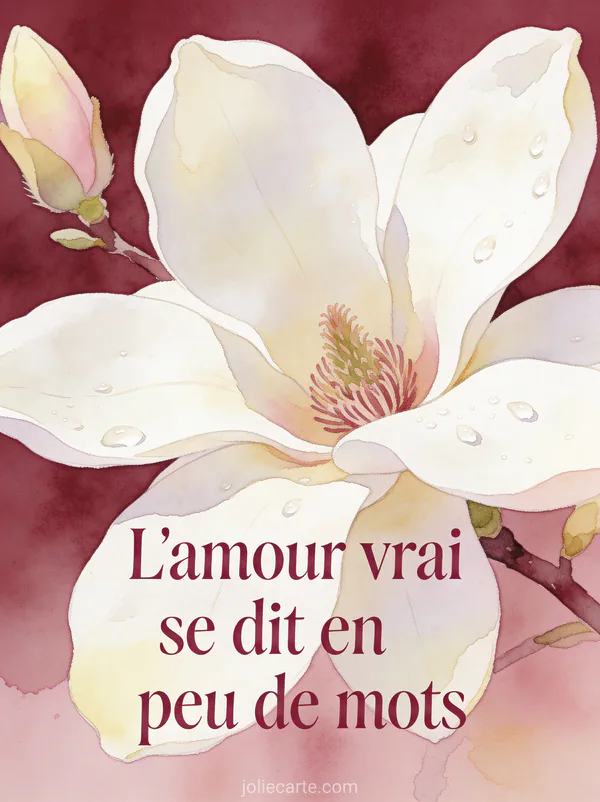 Branche de magnolia blanc crème avec gouttes de rosée sur fond pastel rose et le texte L'amour vrai se dit en peu de mots