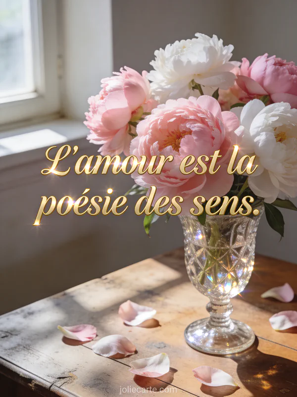 Bouquet de pivoines roses et blanches dans un vase en cristal sur une table en bois avec pétales éparpillés