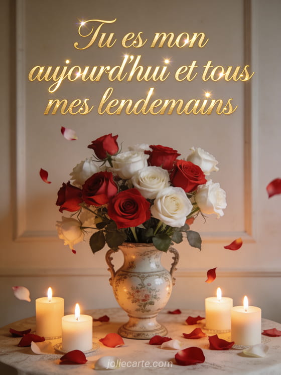 Bouquet de roses rouges et blanches dans un vase ancien avec des bougies allumées et des pétales dispersés