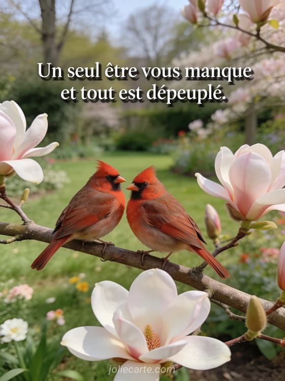 Deux rouge-gorges posés côte à côte sur une branche de magnolia en fleurs avec le texte Un seul être vous manque et tout est dépeuplé