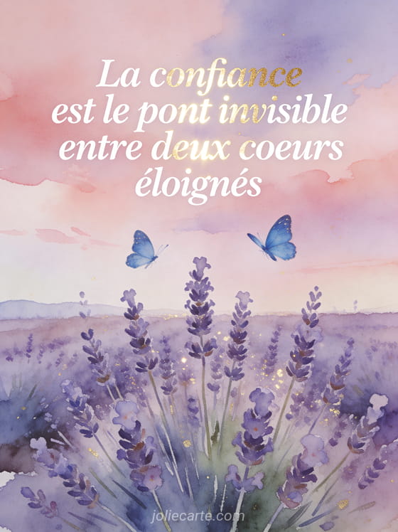 Illustration aquarelle de deux papillons bleus volant au-dessus d'un champ de lavande avec le texte La confiance est le pont invisible entre deux cœurs éloignés