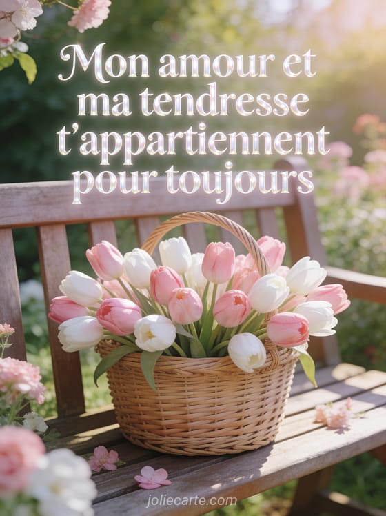Bouquet de tulipes roses et blanches dans un panier en osier sur un banc dans un jardin printanier