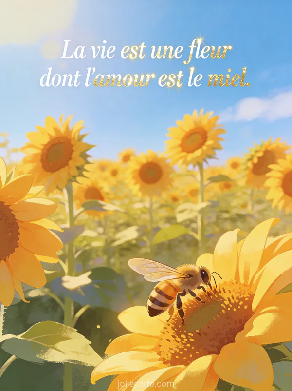 Champ de tournesols lumineux sous un ciel bleu avec une abeille butinant au premier plan en lumière dorée
