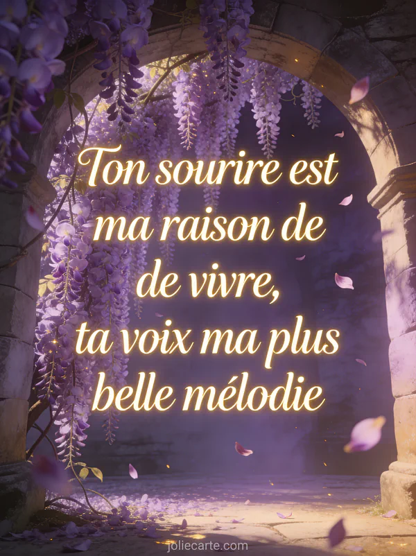 Glycine mauve en cascade le long d'une arche en pierre avec pétales flottants et lumière dorée