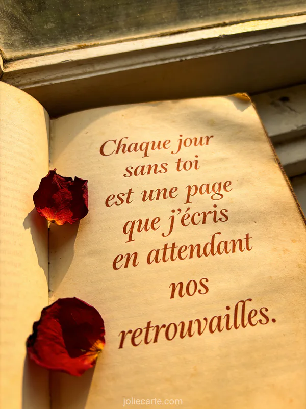 Vieux livre ouvert sur un rebord de fenêtre avec des pétales de rose séchés entre les pages dans une lumière dorée avec le texte Chaque jour sans toi est une page que j'écris en attendant nos retrouvailles
