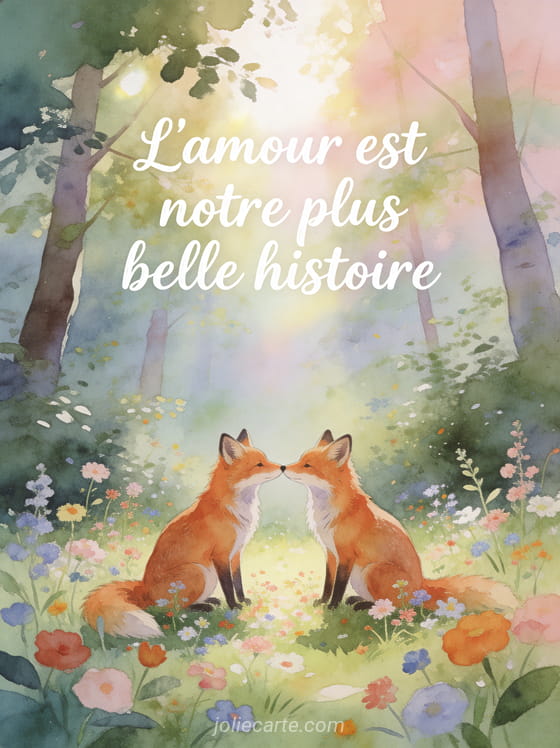 Deux renards roux se touchant le museau tendrement dans une clairière fleurie en illustration aquarelle