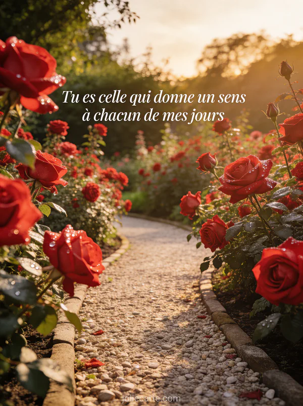 Jardin de roses rouges et roses en pleine floraison avec allée de gravier et lumière dorée de fin d'après-midi