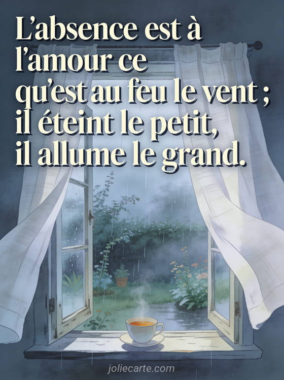 Fenêtre ancienne ouverte sur un jardin pluvieux avec une tasse de thé fumante et rideaux en lin et le texte L'absence est à l'amour ce qu'est au feu le vent