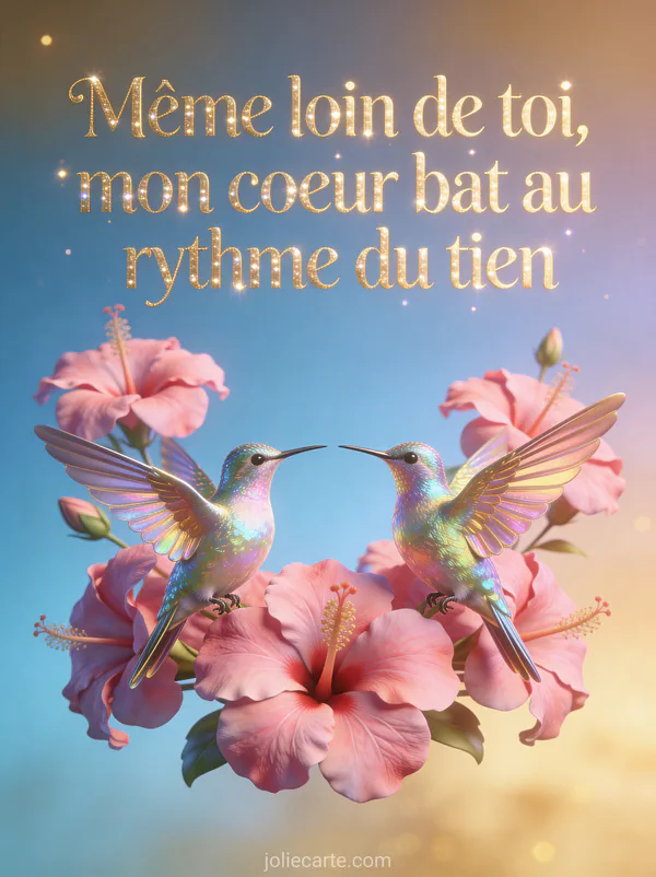 Illustration 3D de deux colibris iridescents face à face entourés de fleurs d'hibiscus roses sur fond bleu et doré avec le texte Même loin de toi mon cœur bat au rythme du tien