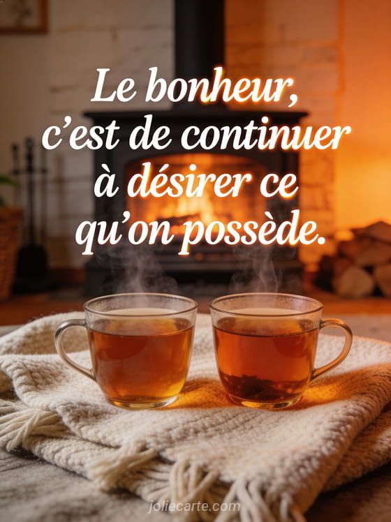 Deux tasses de thé fumantes posées côte à côte sur un plaid en laine devant une cheminée chaleureuse