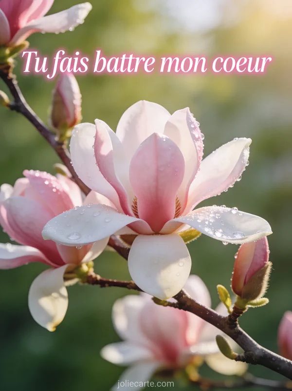 Branche de magnolia en pleine floraison avec fleurs roses et blanches et gouttes de rosée scintillantes