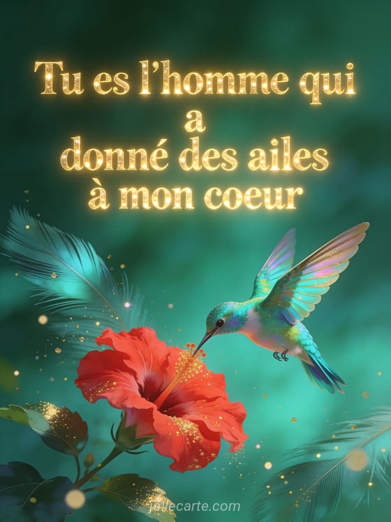 Colibri iridescent turquoise et or butinant un hibiscus rouge avec particules dorées scintillantes