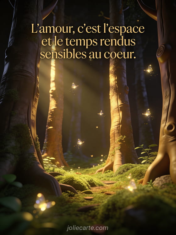 Forêt enchantée baignée de lumière dorée avec des lucioles scintillantes et le texte L'amour c'est l'espace et le temps rendus sensibles au cœur