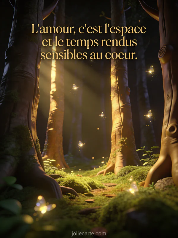 Forêt enchantée baignée de lumière dorée avec des lucioles scintillantes et le texte L'amour c'est l'espace et le temps rendus sensibles au cœur