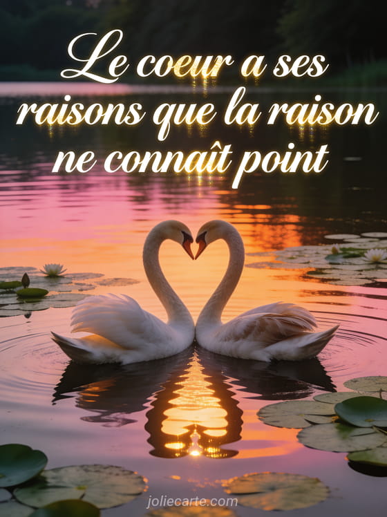 Deux cygnes formant un cœur sur un lac au coucher du soleil avec le texte Le cœur a ses raisons en lettres cursives blanches