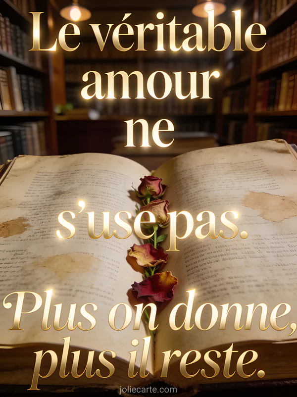 Vieux livre ouvert avec des pétales de rose séchés entre les pages dans une lumière tamisée de bibliothèque