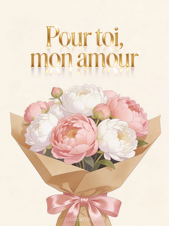 Somptueux bouquet de pivoines roses et blanches dans un emballage kraft avec ruban de satin rose