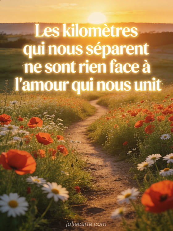 Chemin de terre serpentant à travers une prairie de coquelicots et marguerites vers un coucher de soleil doré avec le texte Les kilomètres qui nous séparent ne sont rien face à l'amour qui nous unit