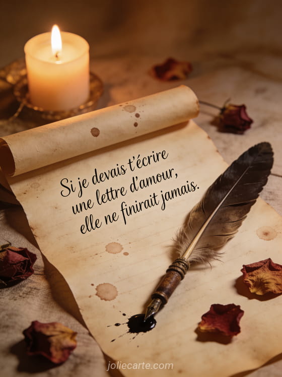 Plume ancienne sur parchemin déroulé avec pétales de rose séchés et lumière de bougie