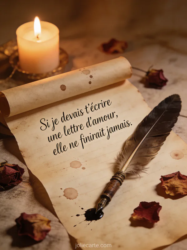 Plume ancienne sur parchemin déroulé avec pétales de rose séchés et lumière de bougie