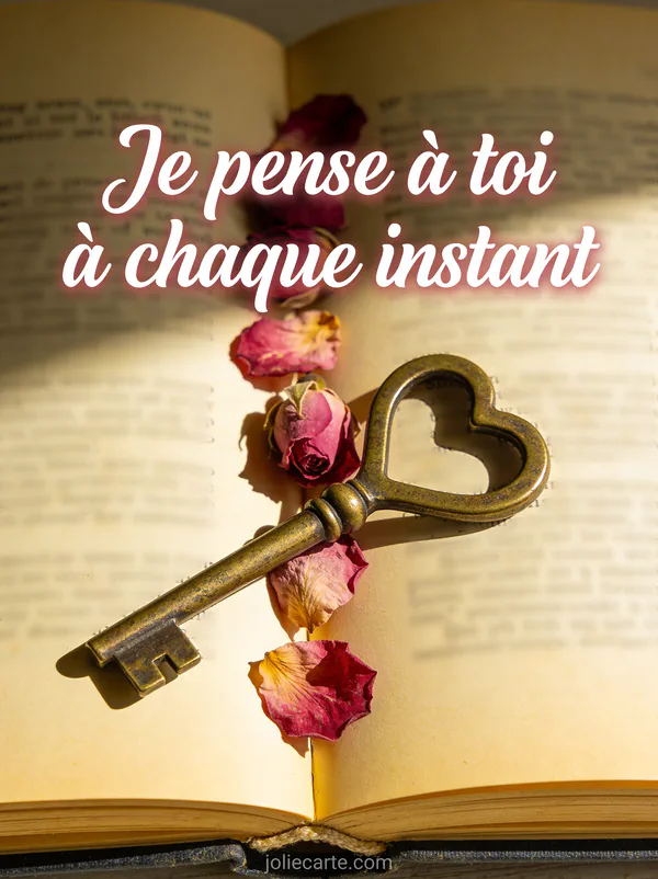 Clé ancienne en bronze en forme de cœur posée sur un livre ouvert avec pétales de rose séchés entre les pages