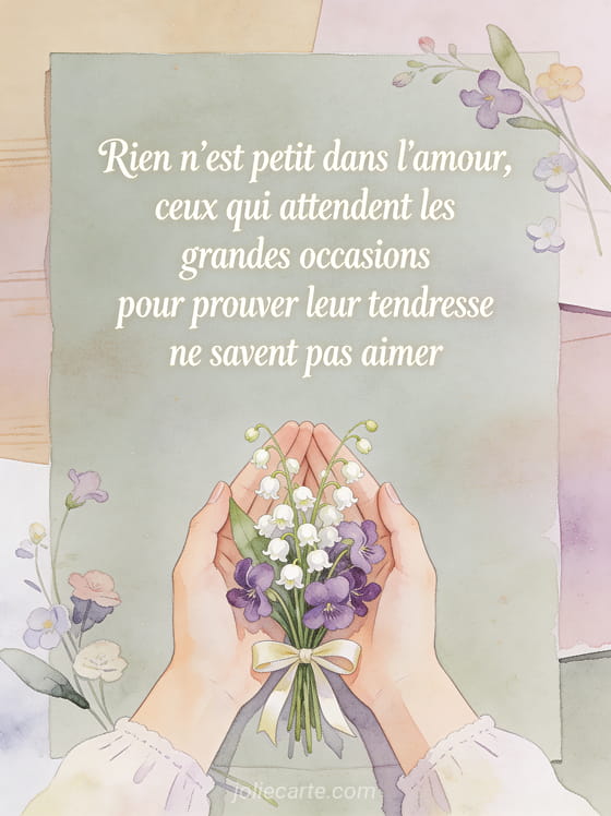 Illustration aquarelle d'un bouquet de muguet et violettes noué d'un ruban avec le texte Rien n'est petit dans l'amour
