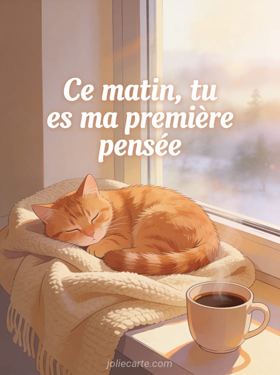 Illustration d'un chat roux endormi sur un plaid beige près d'une fenêtre avec une tasse de café et le texte Ce matin tu es ma première pensée