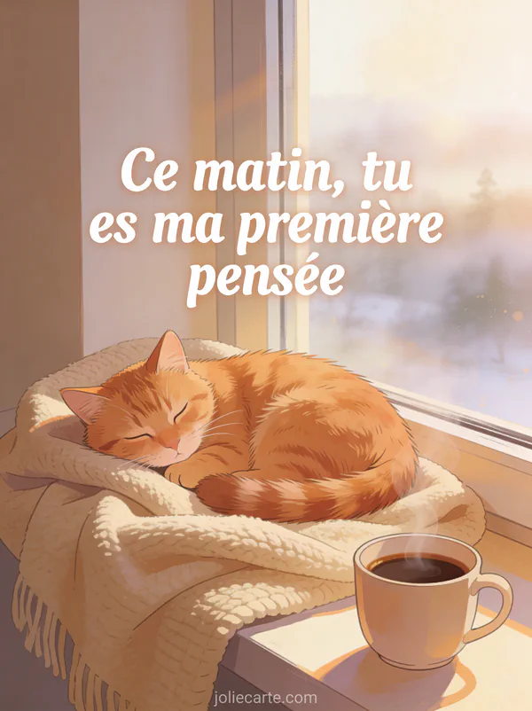 Illustration d'un chat roux endormi sur un plaid beige près d'une fenêtre avec une tasse de café et le texte Ce matin tu es ma première pensée