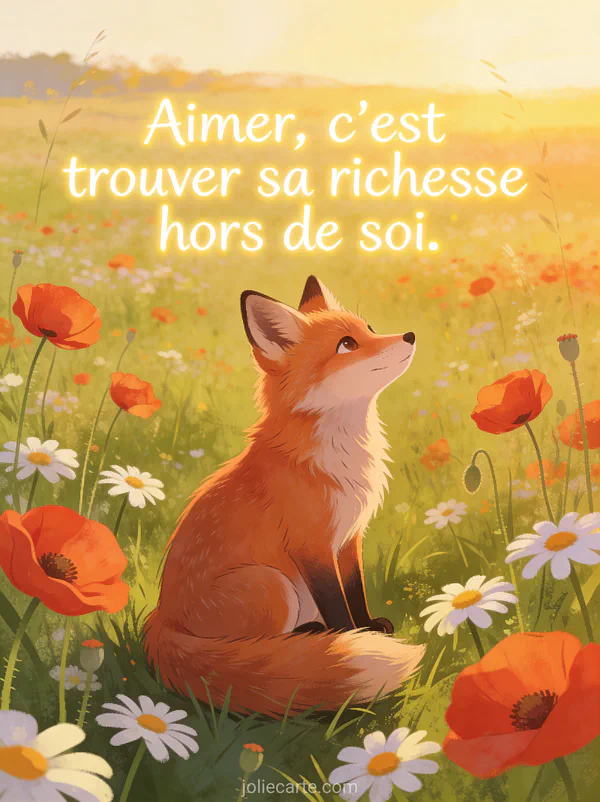 Adorable renard roux assis dans une prairie de coquelicots et marguerites avec lumière dorée et le texte Aimer c'est trouver sa richesse hors de soi