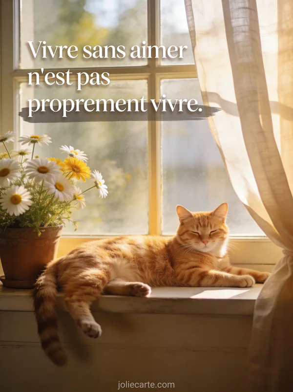 Chat roux allongé sur un rebord de fenêtre baigné de lumière dorée du matin avec des marguerites