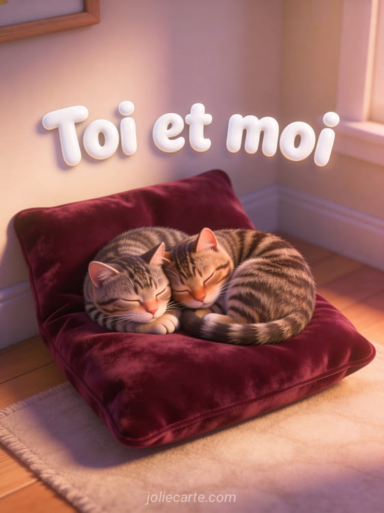 Deux chats tigrés blottis l'un contre l'autre endormis sur un coussin en velours bordeaux