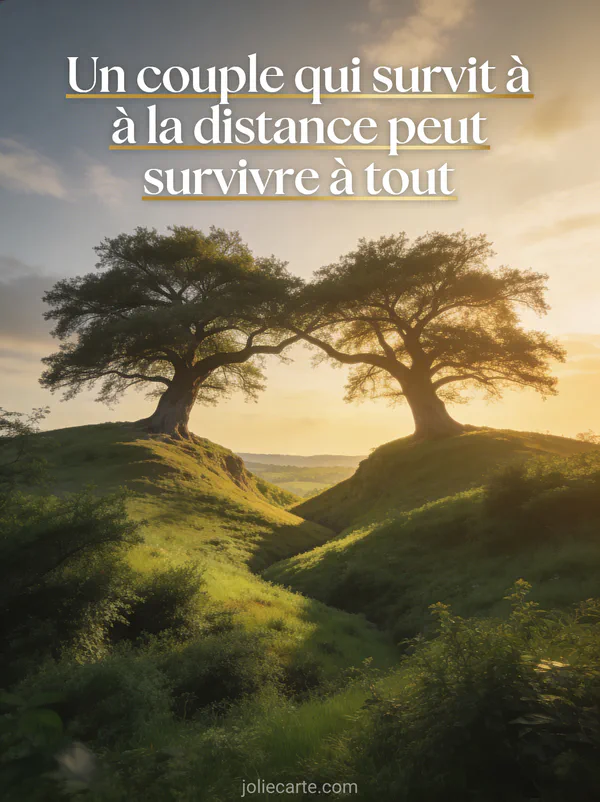 Deux arbres majestueux sur des collines séparées par une vallée verdoyante avec leurs branches se rejoignant dans une lumière dorée avec le texte Un couple qui survit à la distance peut survivre à tout