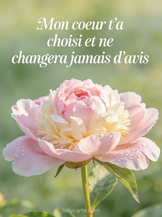 Pivoine rose pâle couverte de rosée en gros plan avec pétales délicats et lumière douce du matin