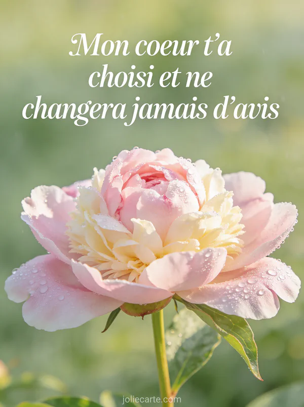 Pivoine rose pâle couverte de rosée en gros plan avec pétales délicats et lumière douce du matin