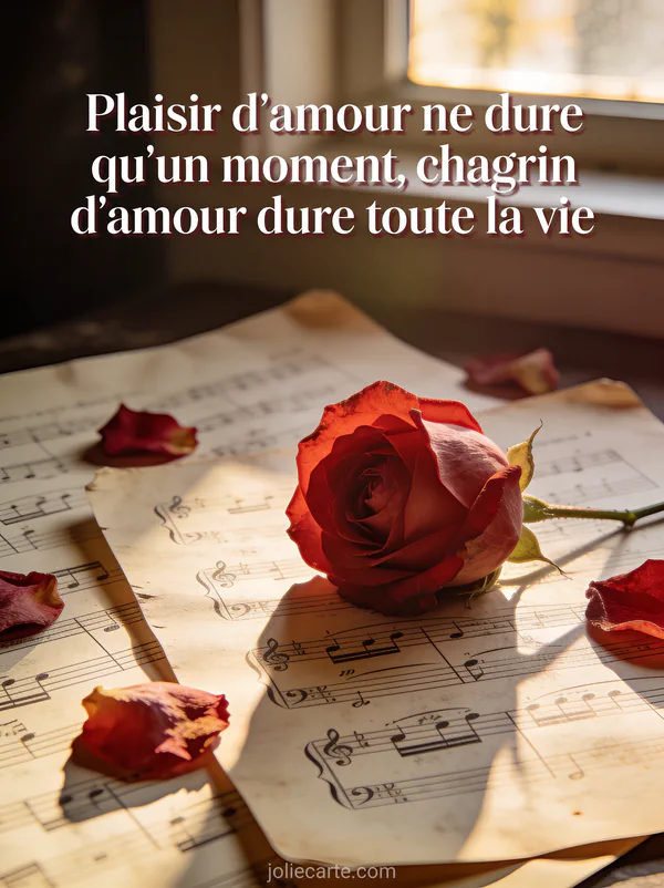 Rose rouge fanée posée sur des partitions de musique anciennes avec pétales tombés et le texte Plaisir d'amour
