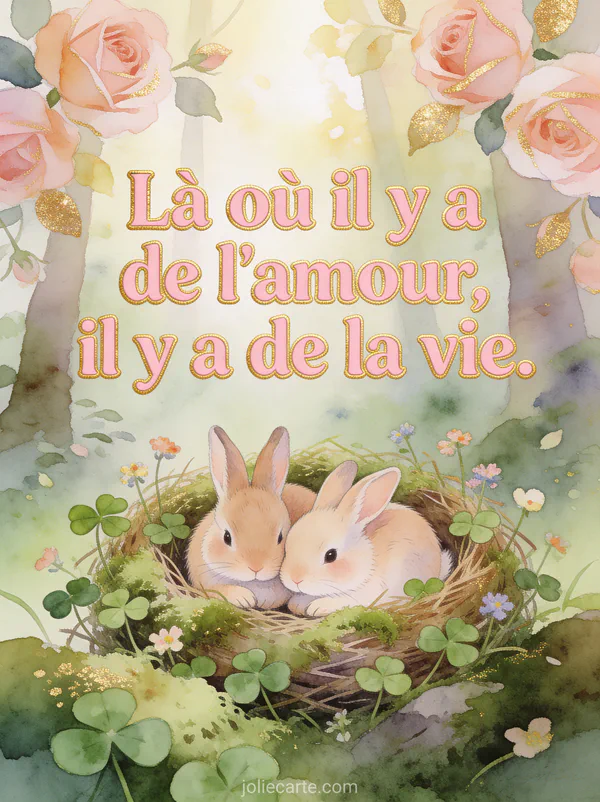 Deux petits lapins blottis dans un nid de mousse et trèfles avec des fleurs sauvages et le texte Là où il y a de l'amour il y a de la vie