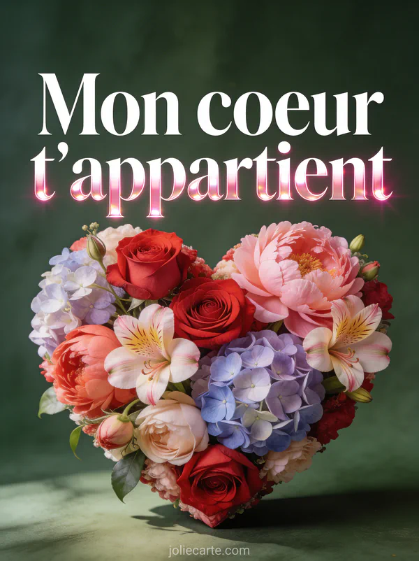 Grand cœur composé de roses pivoines hortensias et freesias fraîches sur fond vert foncé