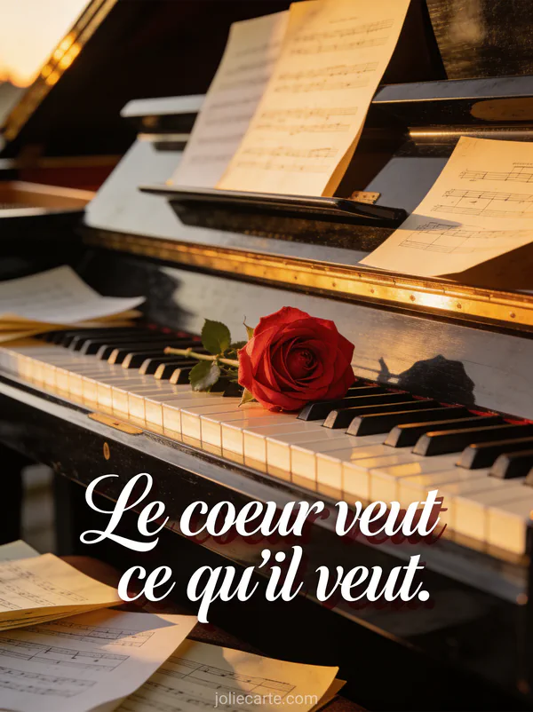 Rose rouge solitaire posée sur un piano à queue noir avec des partitions éparses en lumière dorée
