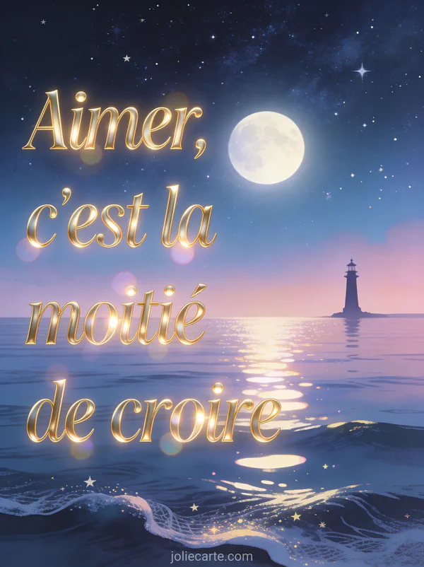 Ciel étoilé au-dessus d'une mer calme avec reflets de lune et le texte Aimer c'est la moitié de croire en lettres dorées