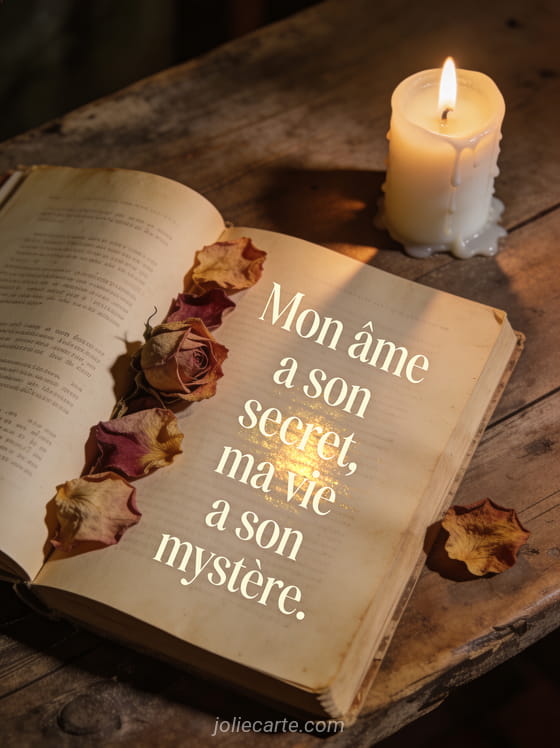 Vieux livre ouvert avec des pétales de rose séchés entre les pages et une bougie allumée et le texte Mon âme a son secret ma vie a son mystère
