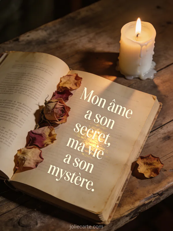 Vieux livre ouvert avec des pétales de rose séchés entre les pages et une bougie allumée et le texte Mon âme a son secret ma vie a son mystère